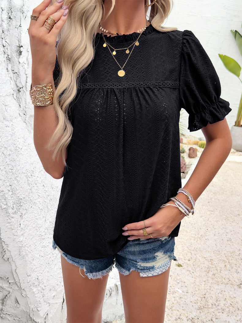 Casual Short Sleeved Black Hollow Blouse