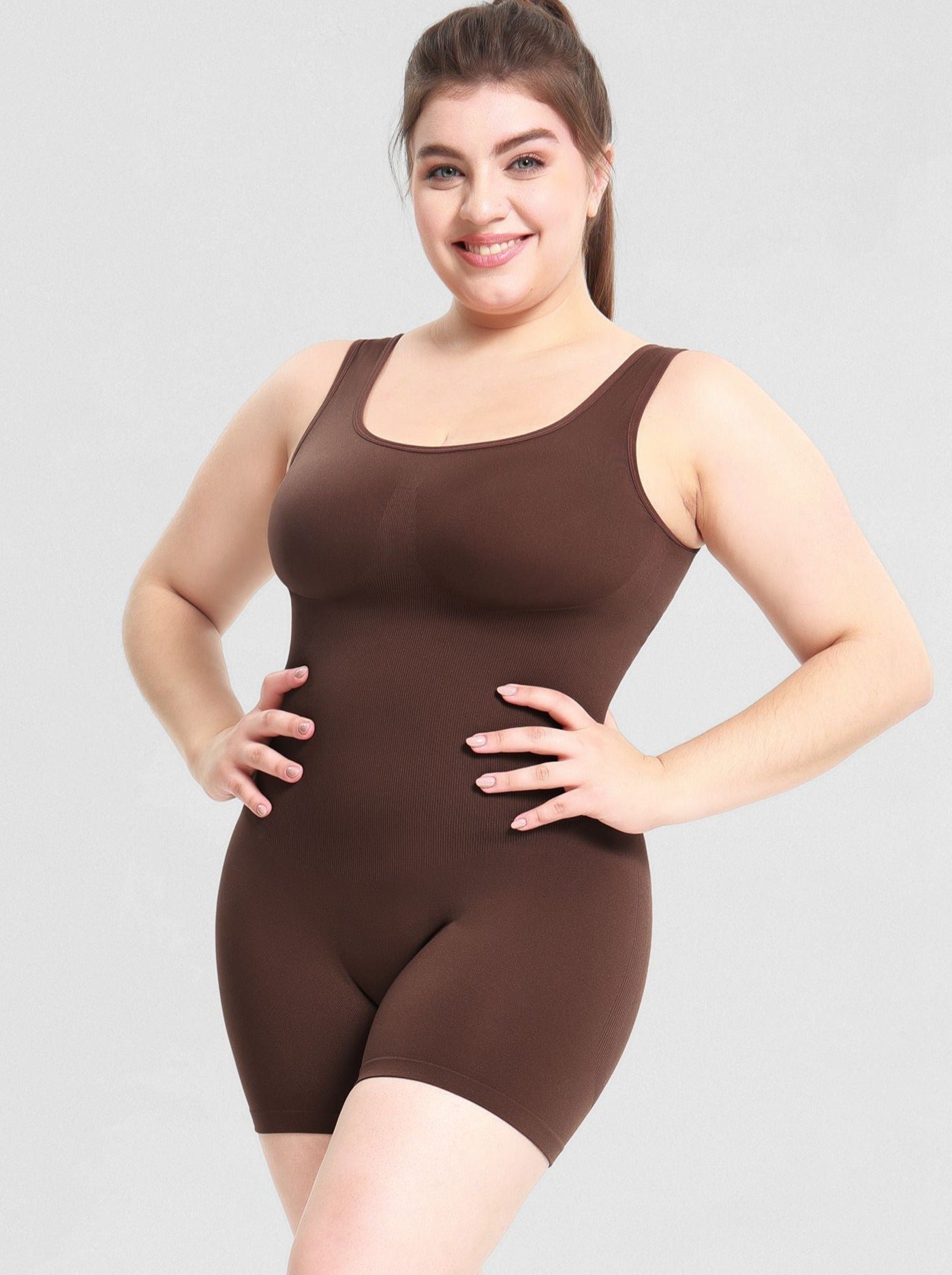 Brown Plus Size Tummy Control Romper Bodysuit