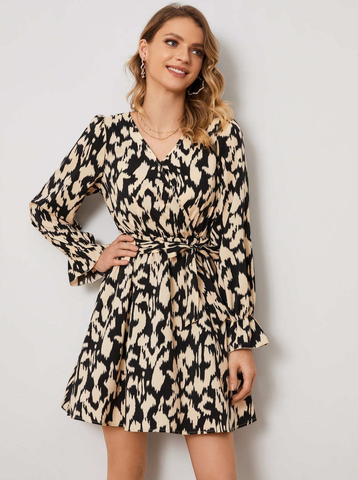 Animal Print V-Neck Long Sleeve Tie Waist Dress