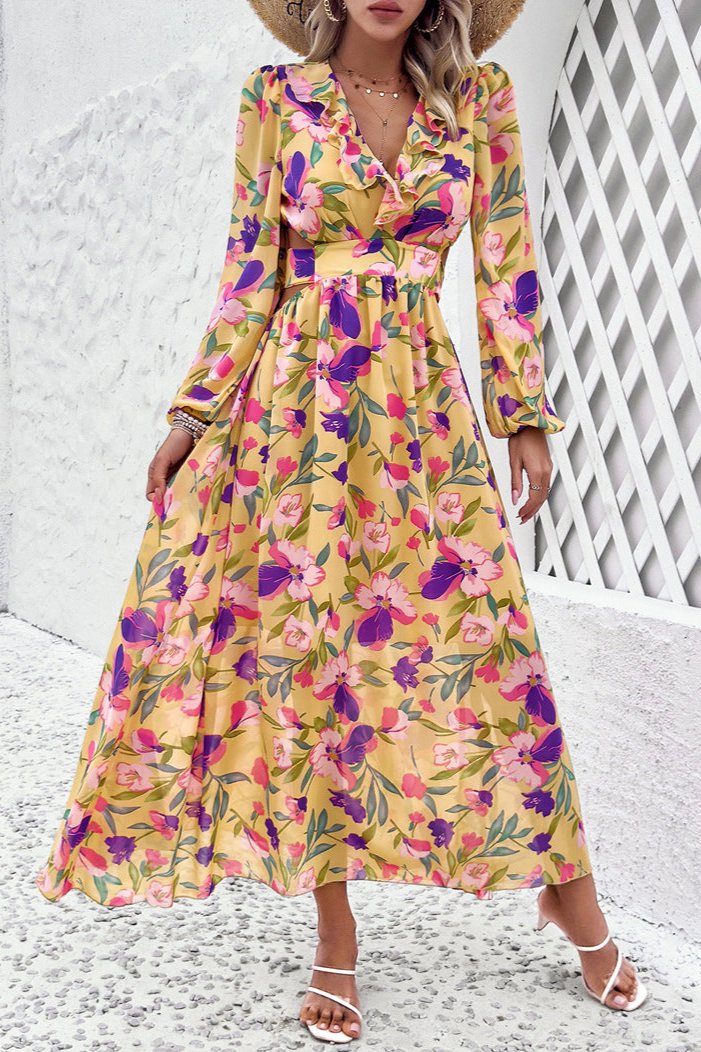 Long Sleeve Deep V-Neck Yellow Floral Maxi Dress