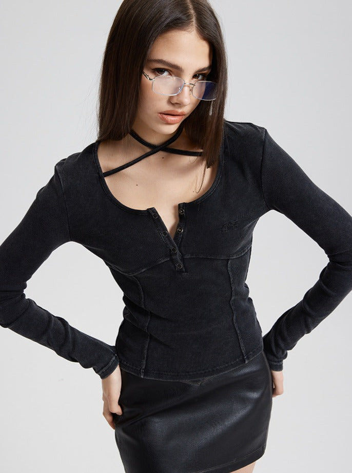 Embroidered Strap Long-Sleeved Low-Neckline Top