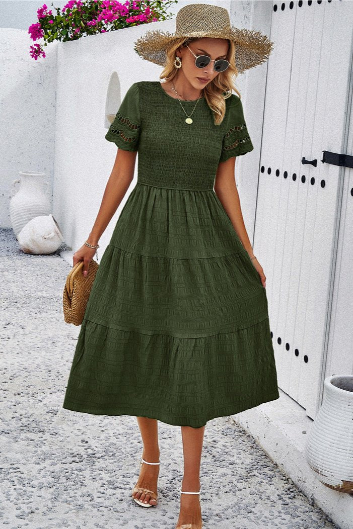 Casual Solid Crochet Lace Sleeve A-Line Midi Dress