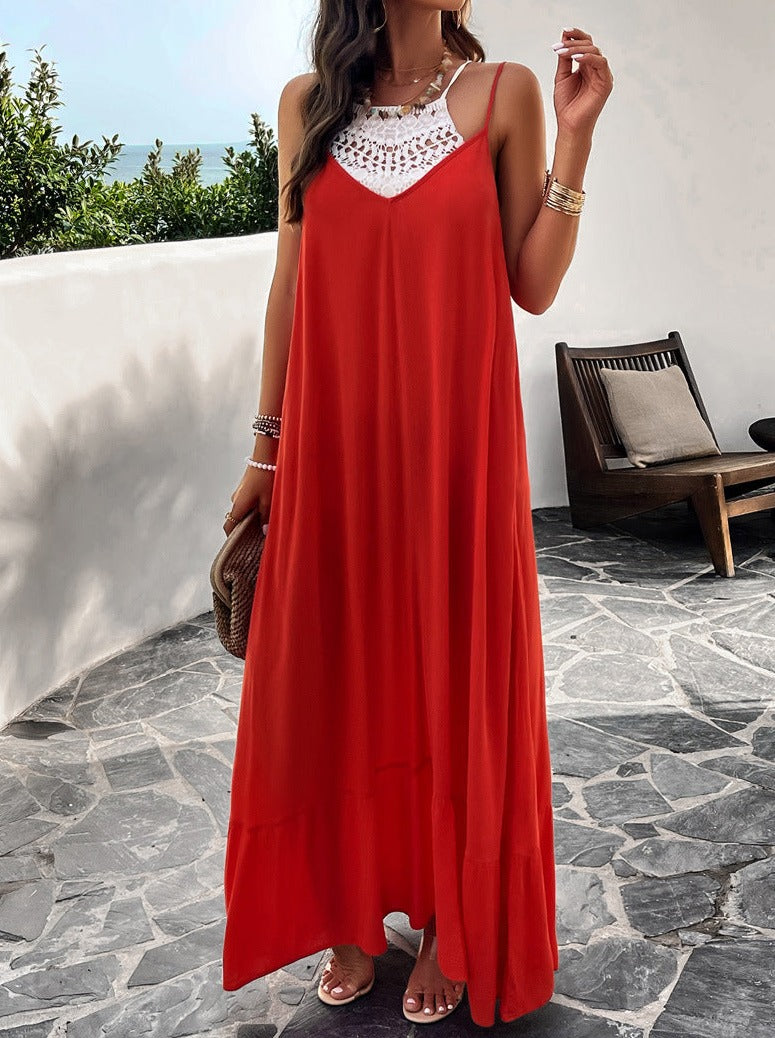 Red Casual Solid Color Suspender Maxi Dress