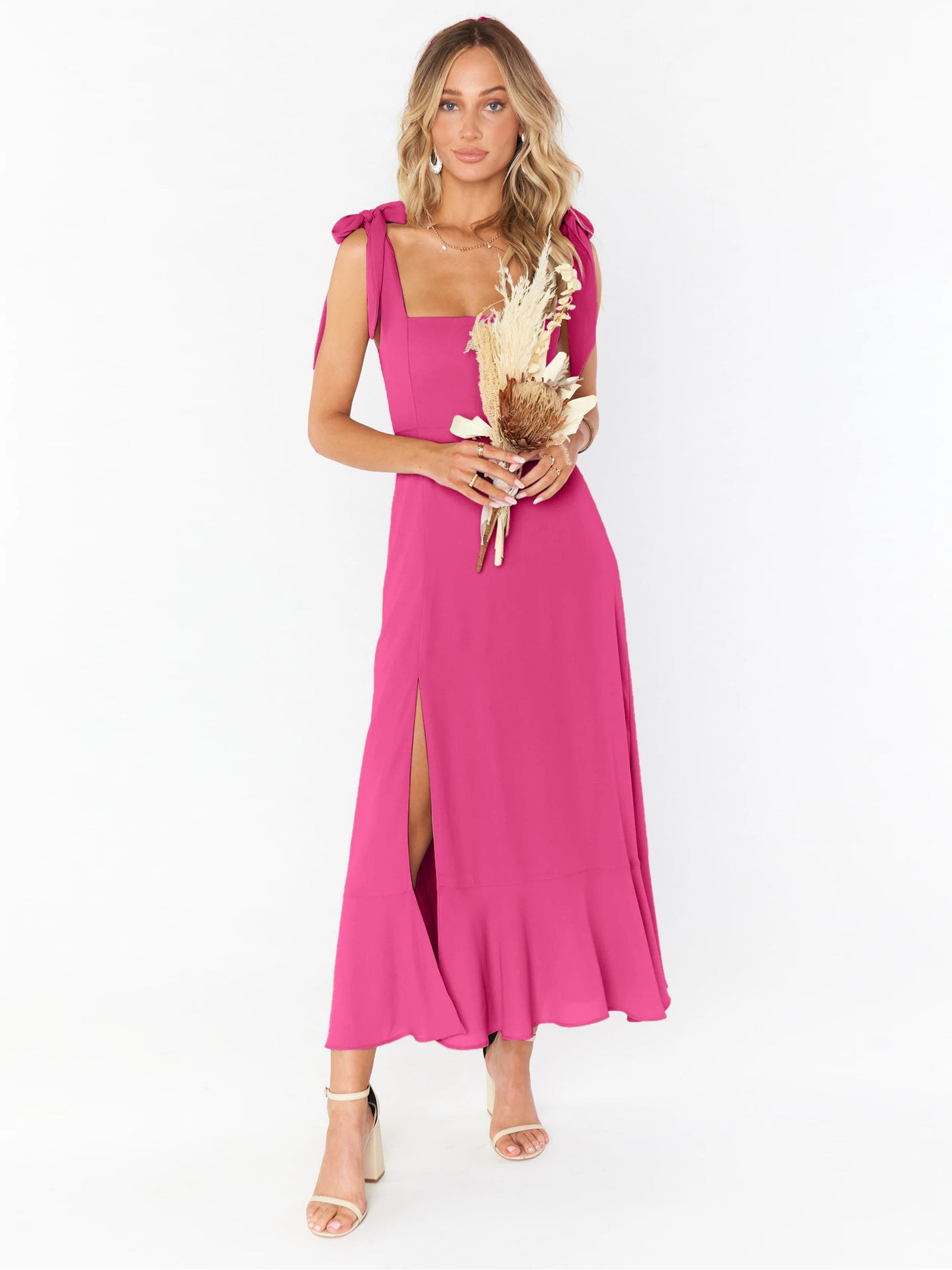 Elegant Solid Color Square Neck Midi Dress