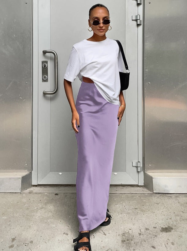 Elegant Plain Colored Satin Maxi Skirt