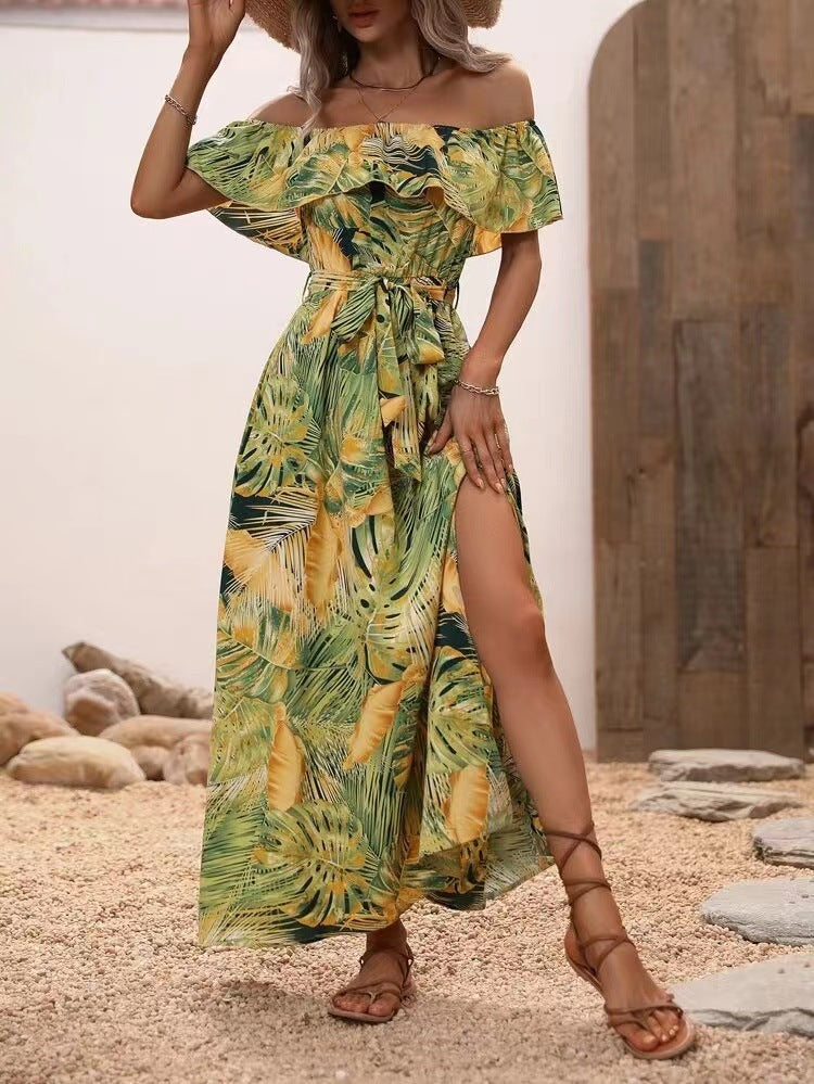 Elegant Off Shoulder Tropical Printed Slit Dress