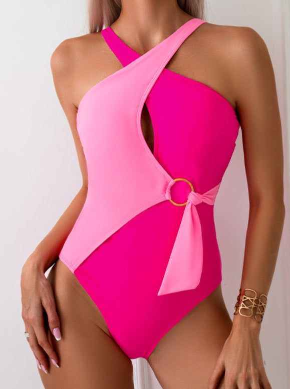 2 Tone Color Block Tie-Side One Piece Swim Suit