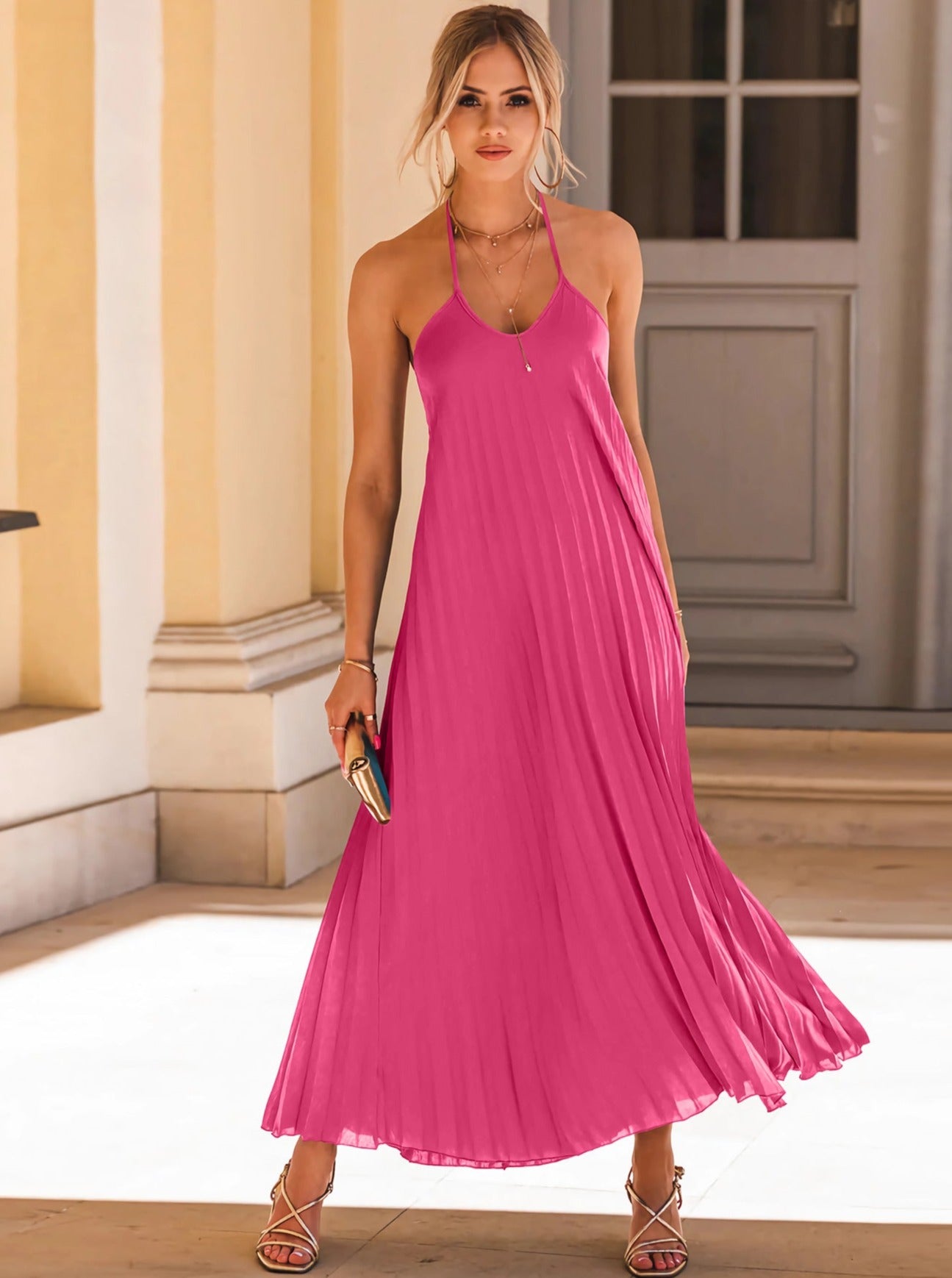 Pleated Halter Neck Sleeveless Maxi Dress