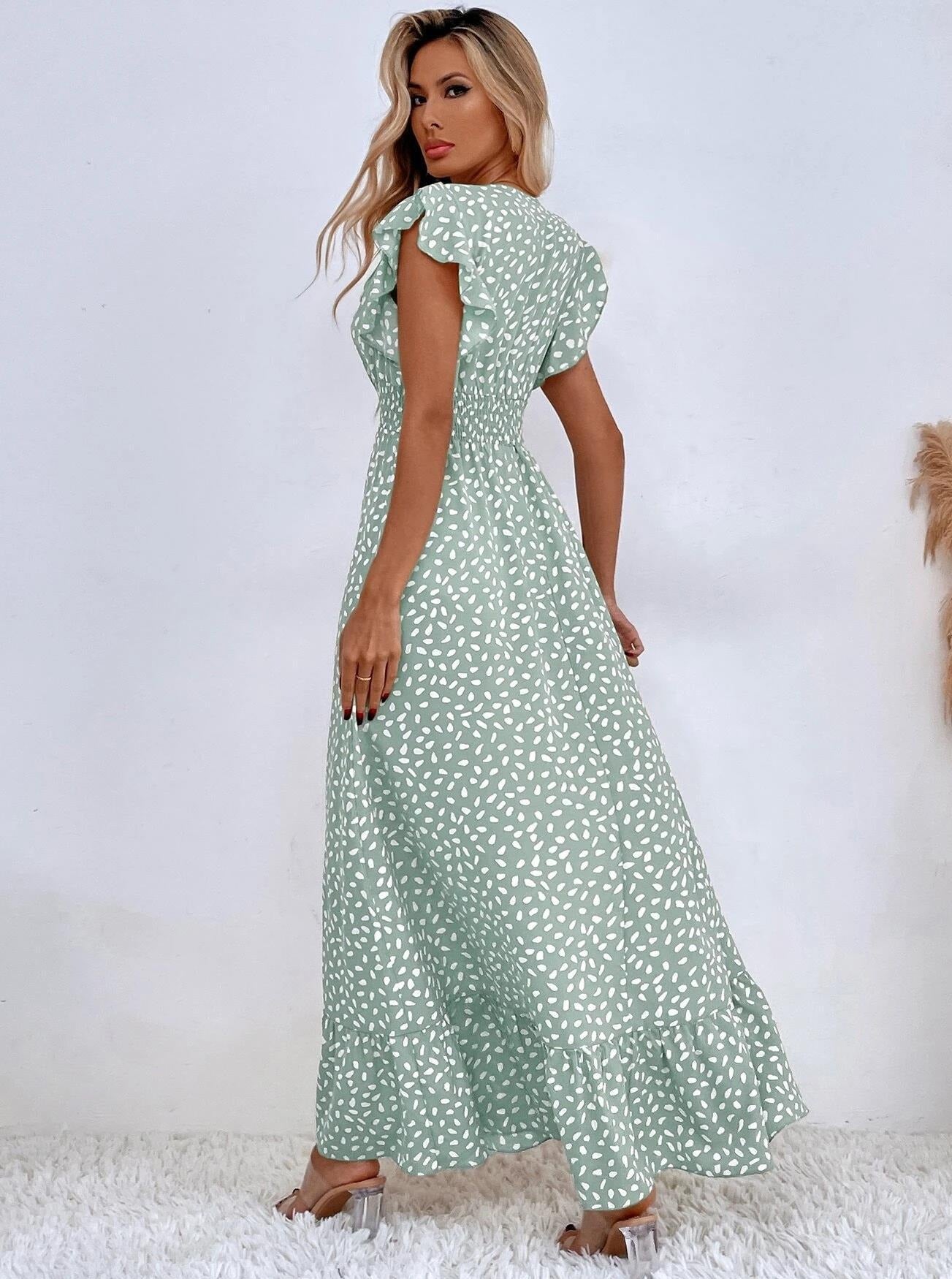 V-Neck Butterfly Sleeve Allover Print Maxi Dress