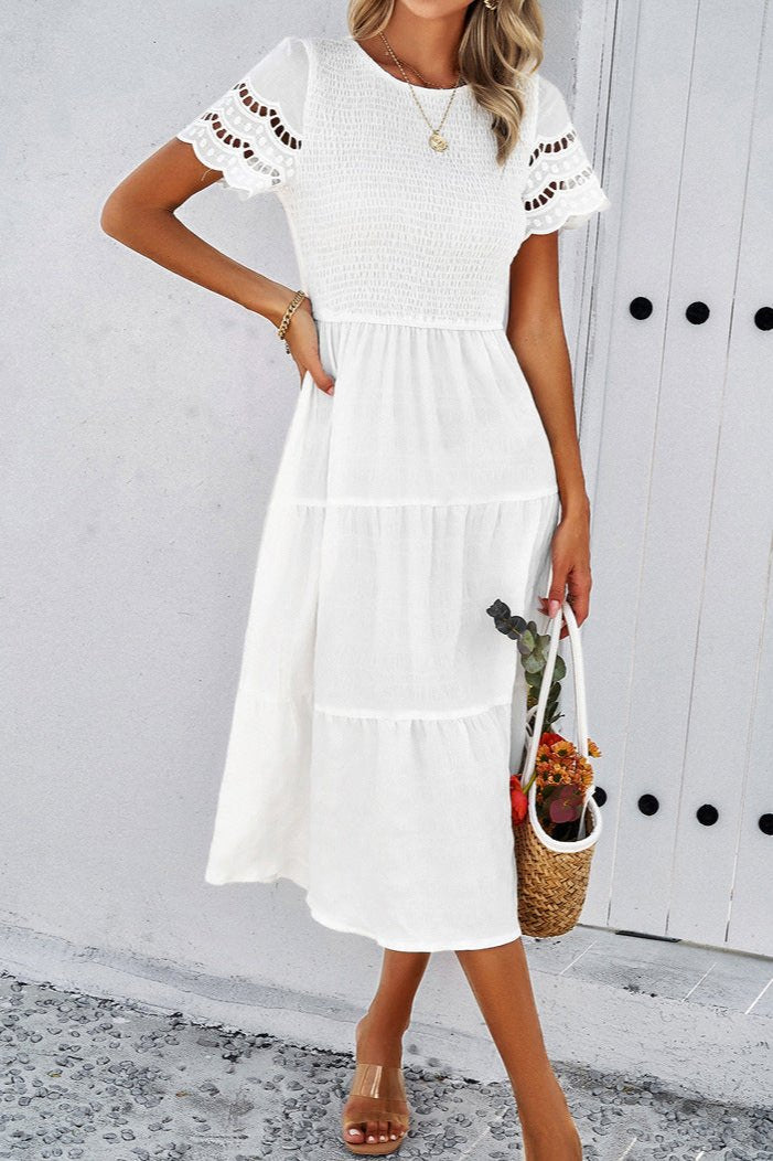 Casual Solid Crochet Lace Sleeve A-Line Midi Dress