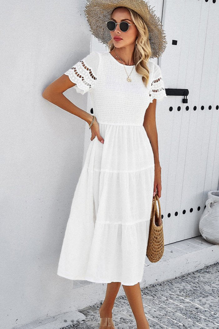 Casual Solid Crochet Lace Sleeve A-Line Midi Dress