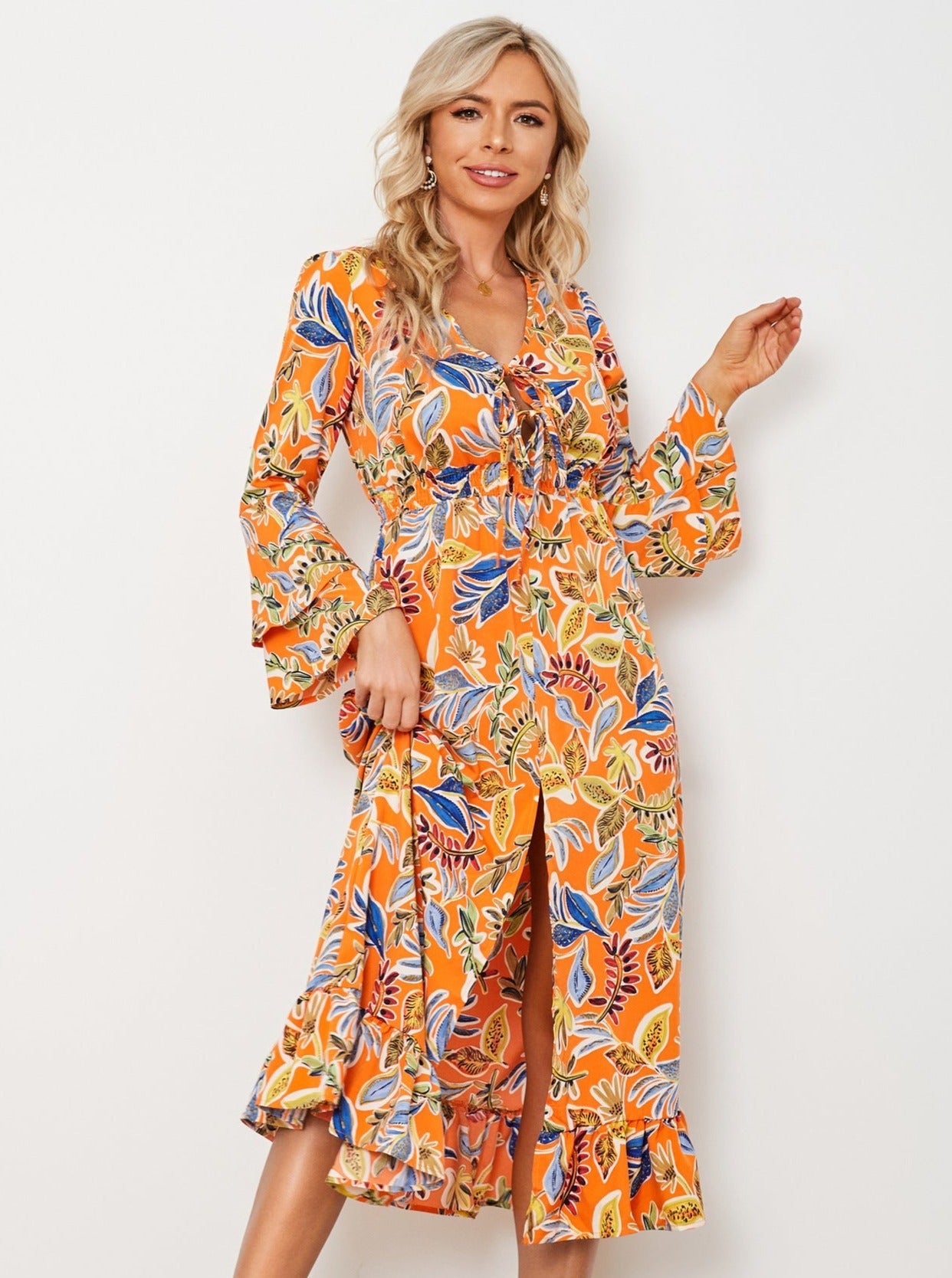 Orange V-Neck Floral Long Sleeve Midi Dress