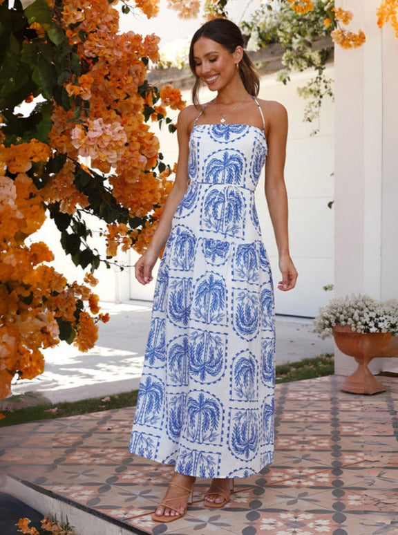 Blue Halter Neck Floral Backless High Waist Maxi Dress