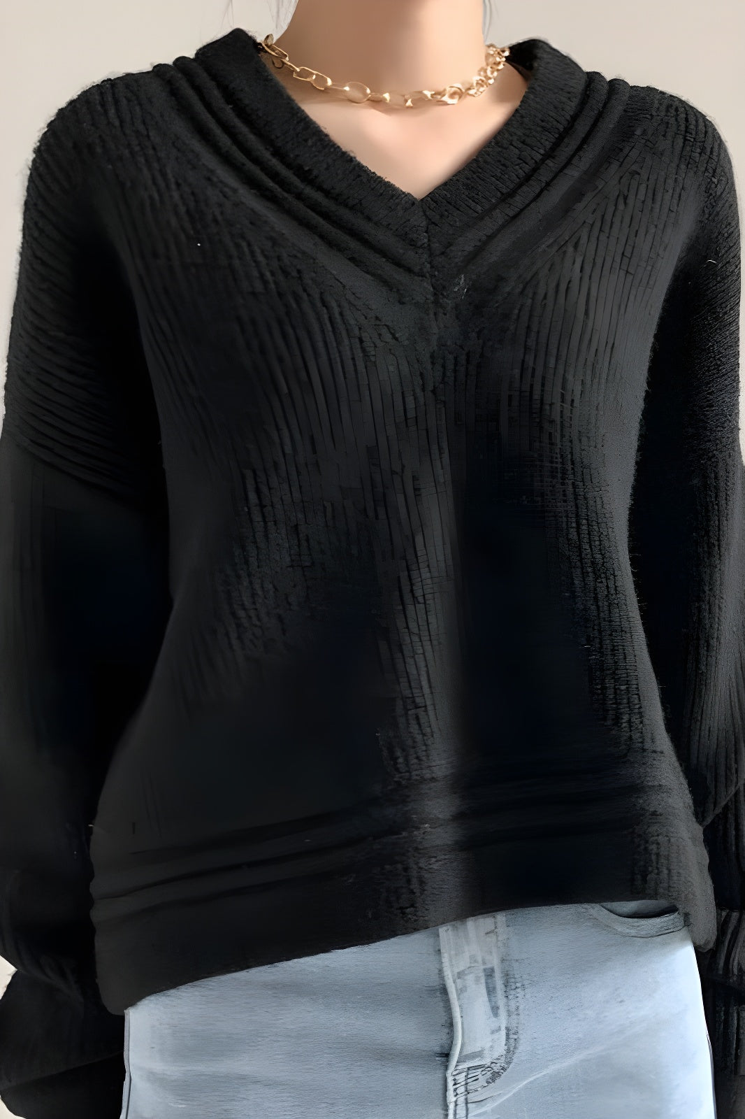 Black Stylish V-Neck Long Sleeve Loose Sweatshirt