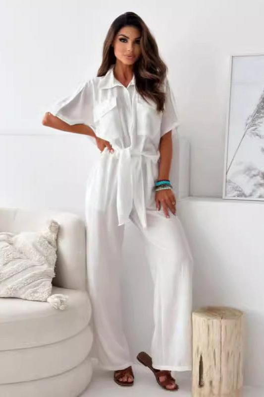 Solid Casual Lapel Button Shirt And Wide Leg Pant Sets