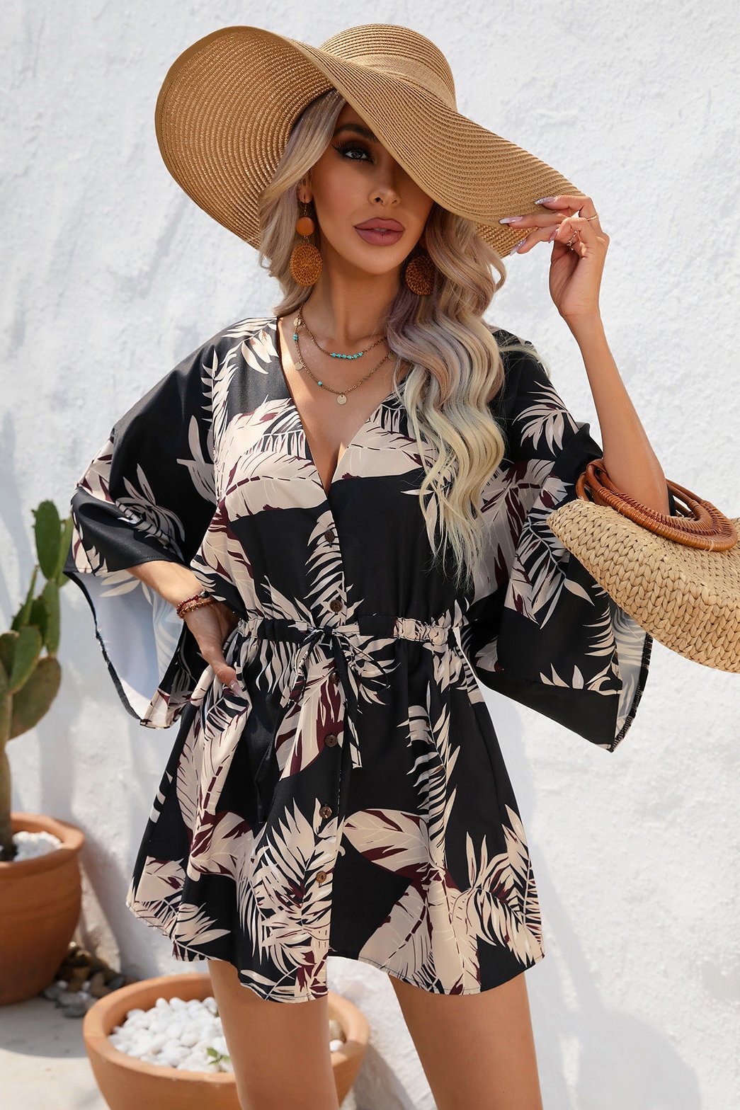 Tropical Black Printed Half Sleeve Mini Dress