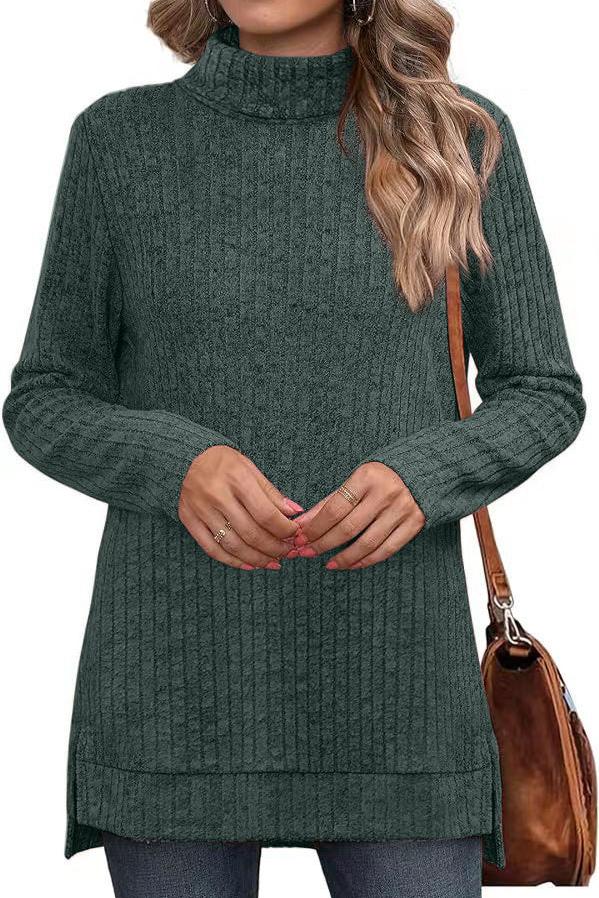 Solid Green Turtleneck Long Sleeve Pullover Sweater