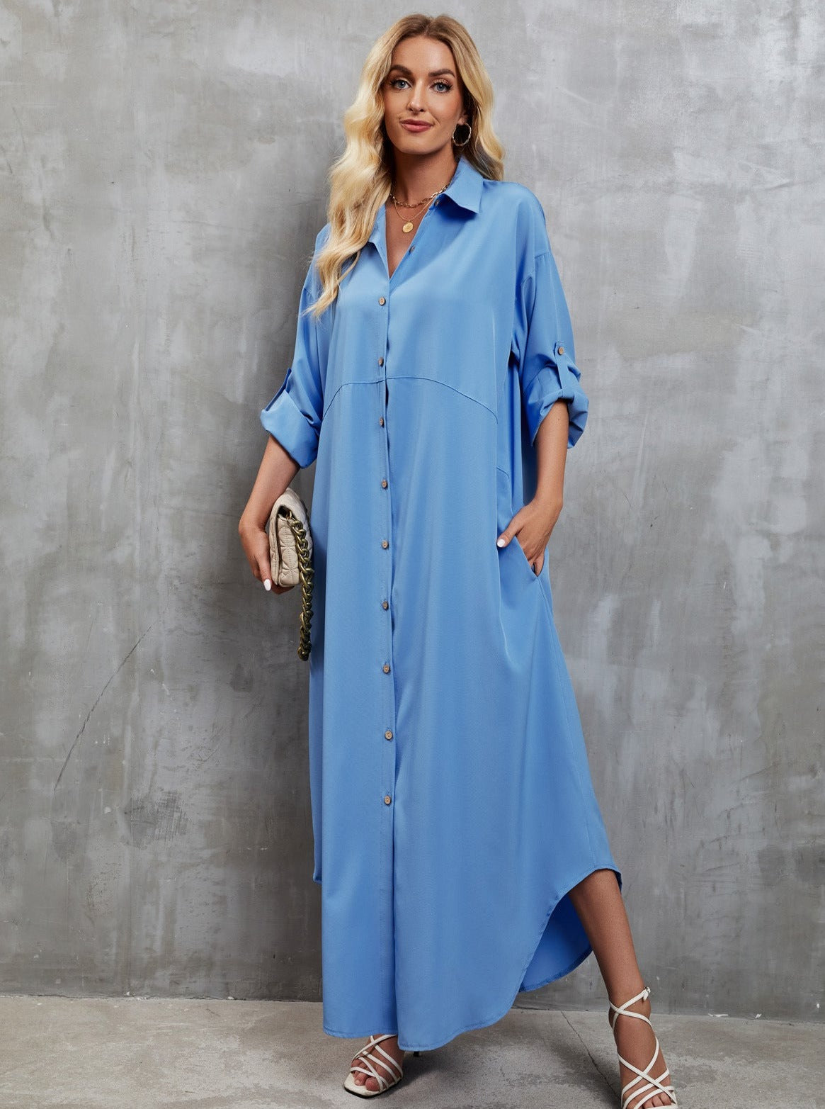 Light Blue Casual Loose Button Up Long Sleeve Maxi Dress