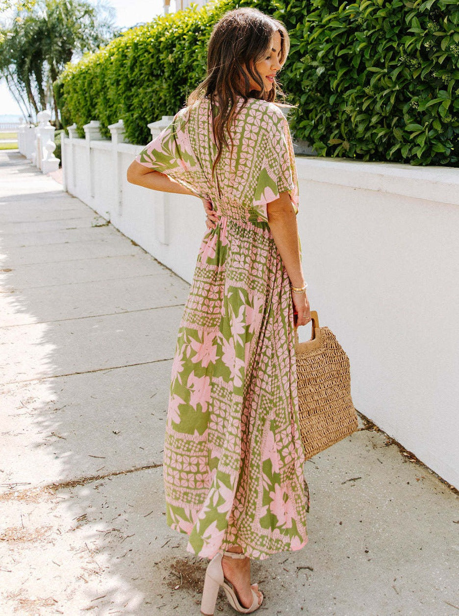 V-Neck Printed Loose Slit Dress