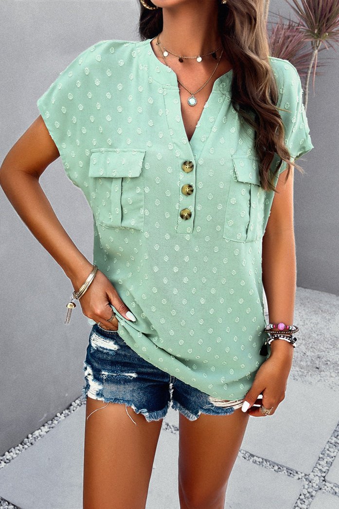 Aquamarine Chic Cap Sleeve V-Neck Embroidered Blouse