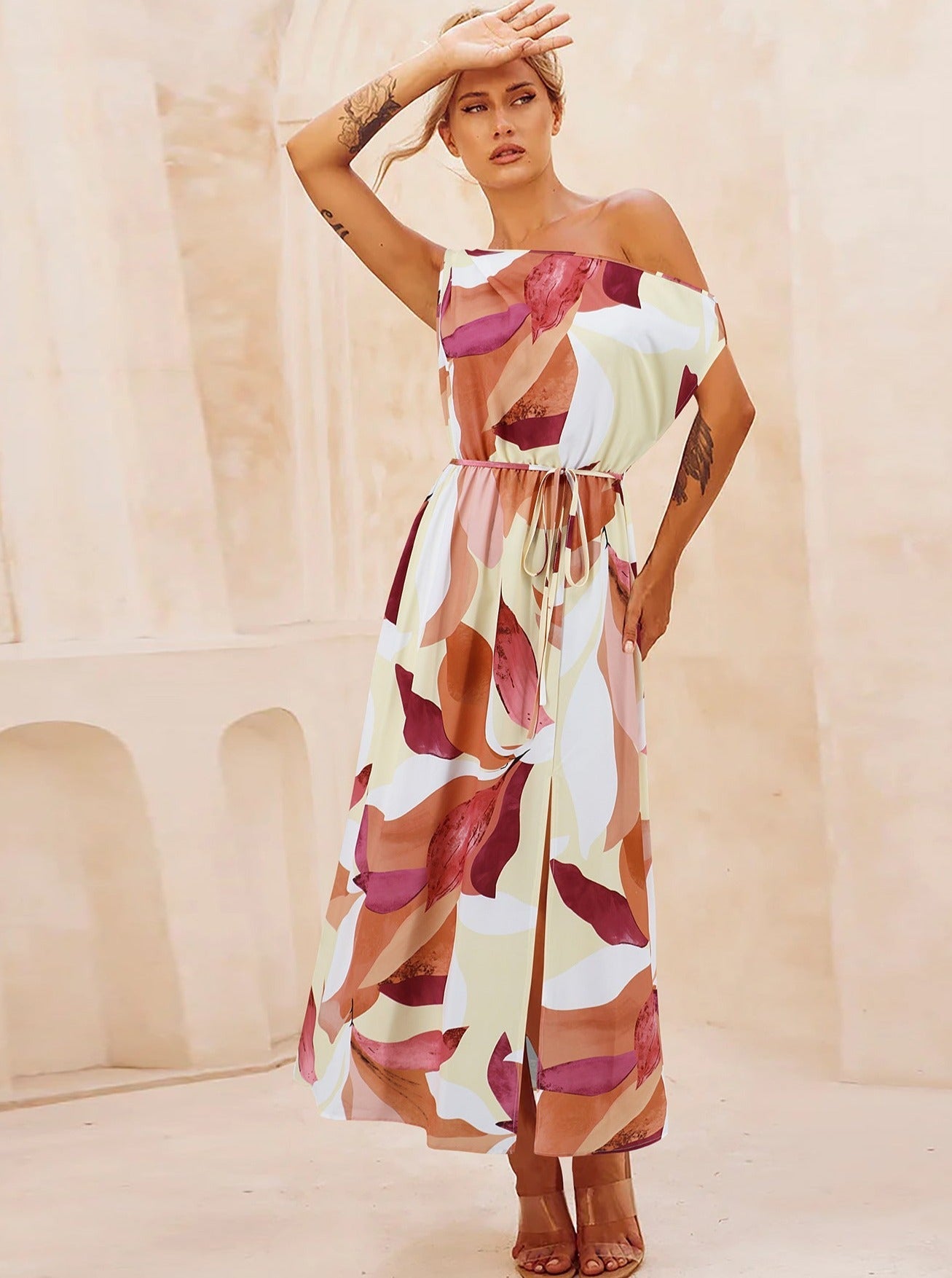 Floral Print Slant Shoulder Belted Long Dress