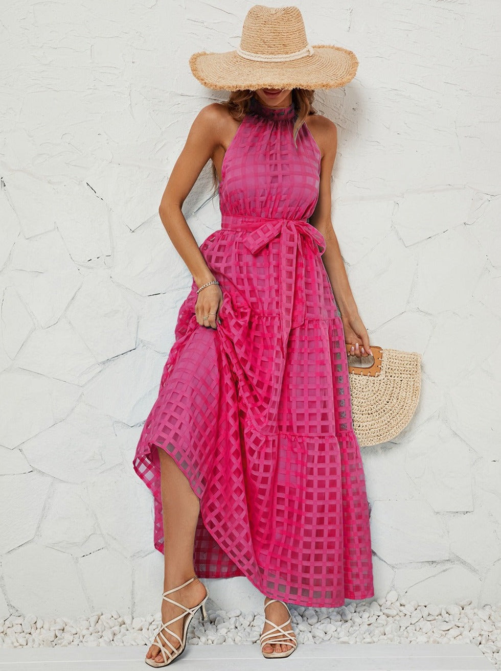 Pink Halter Mesh Belted Maxi Dress