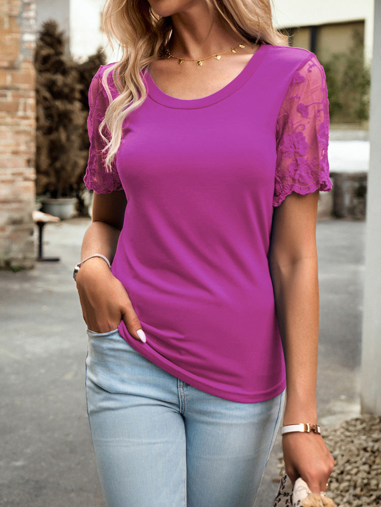 Rose Red Round Neck Lace Sleeve T-Shirt