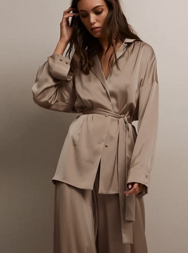 Elegant Two Piece French V-Neck Nightwear Wide Leg Pants