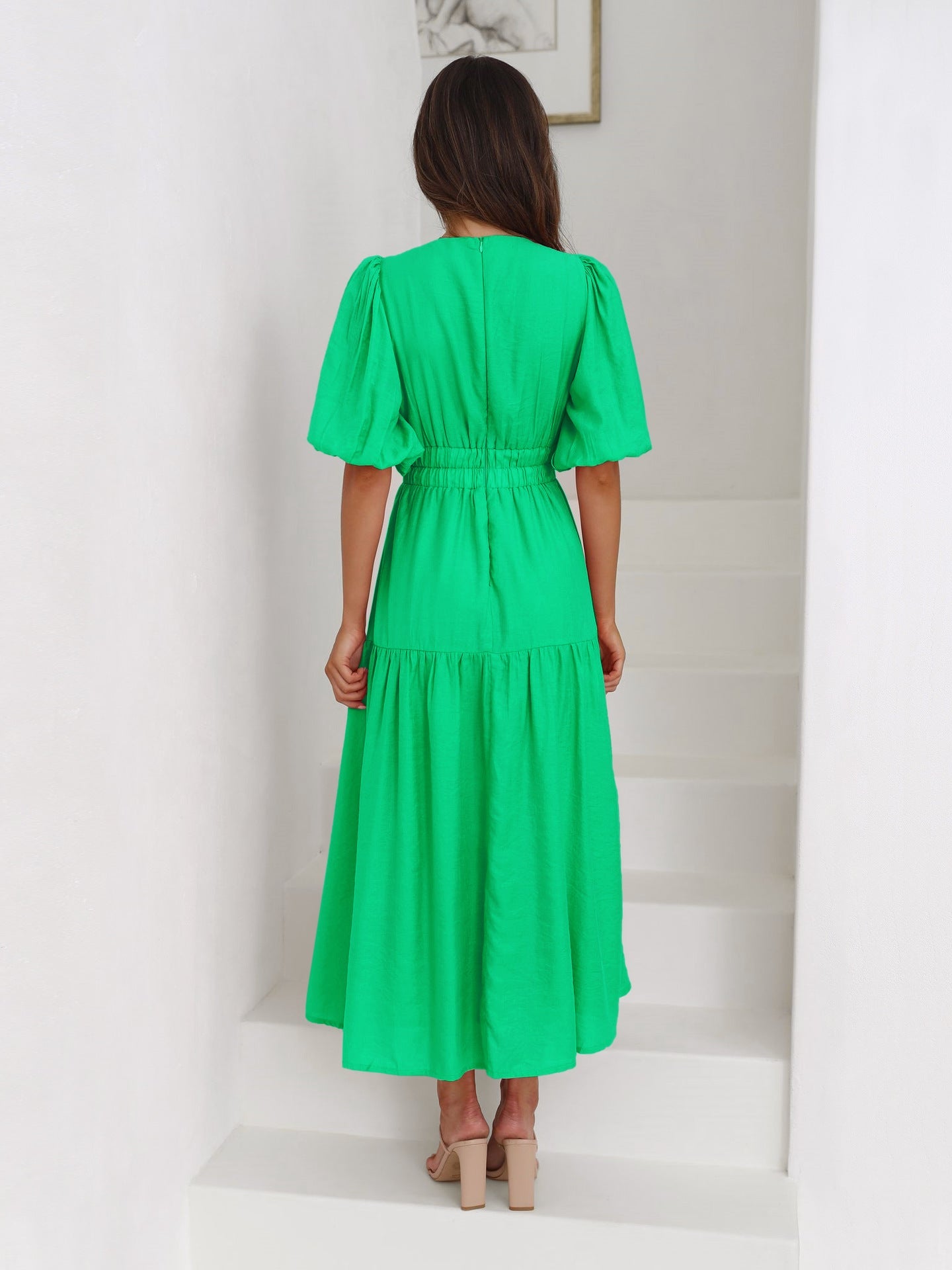 Green Deep V-Neck Puff Sleeve Layered Dress