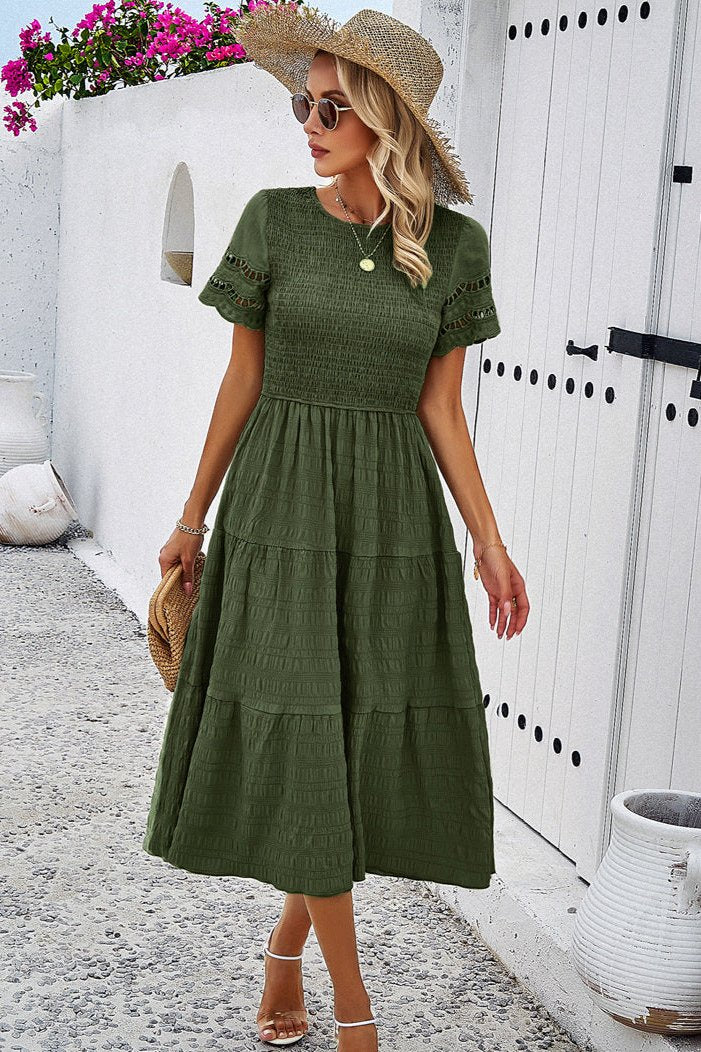 Casual Solid Crochet Lace Sleeve A-Line Midi Dress