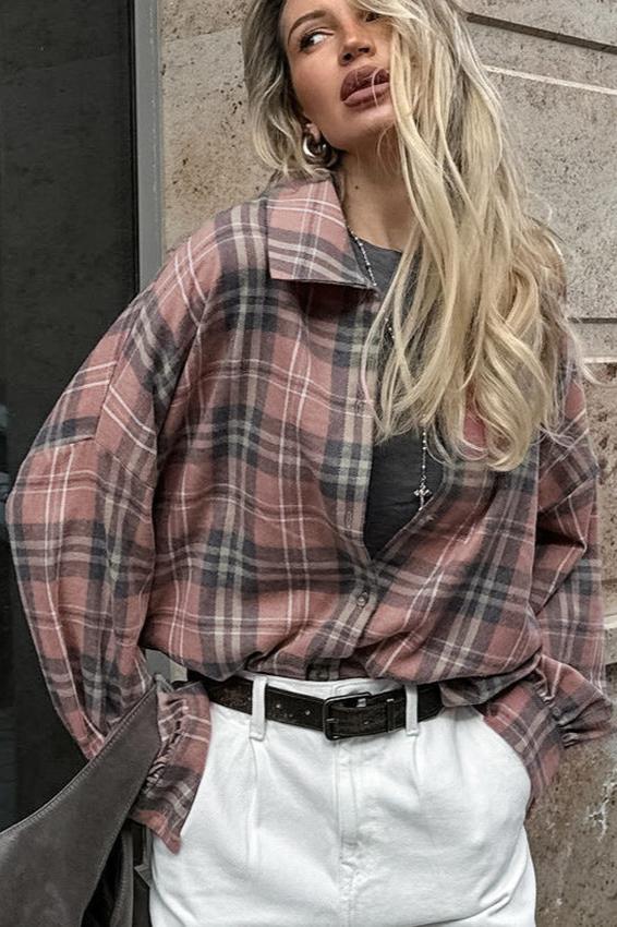 Loose Retro Collared Long Sleeve Plaid Shirt