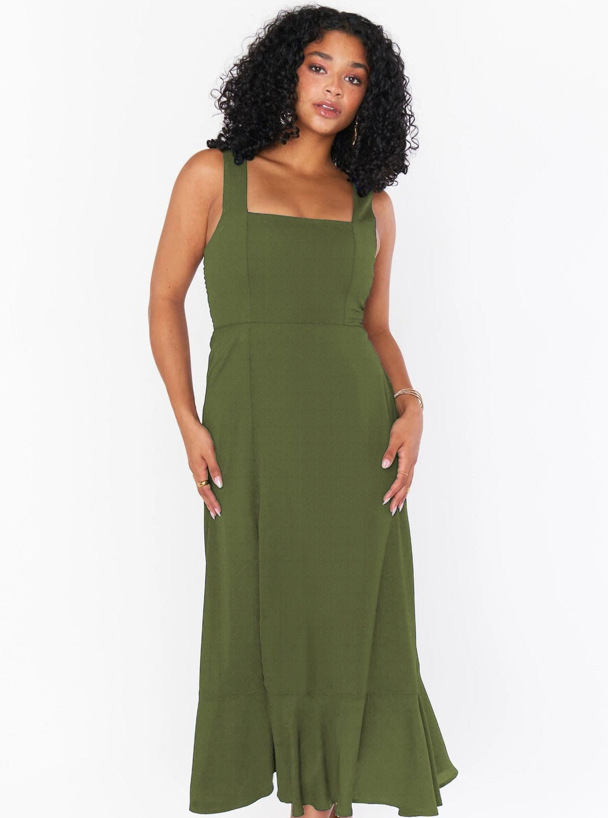 Elegant Solid Color Square Neck Midi Dress