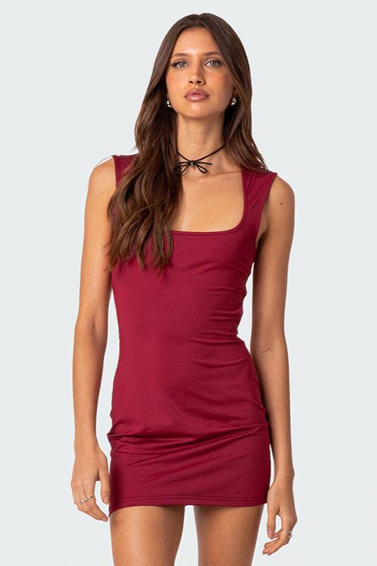 Solid Red Square Neck Dress