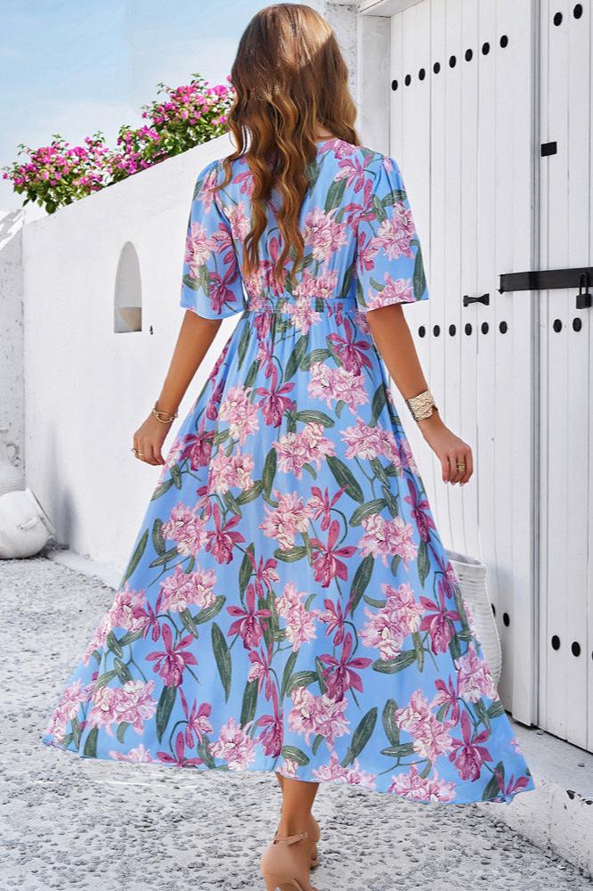 Chic Summer Floral V-Neck Side Slit Midi Dress