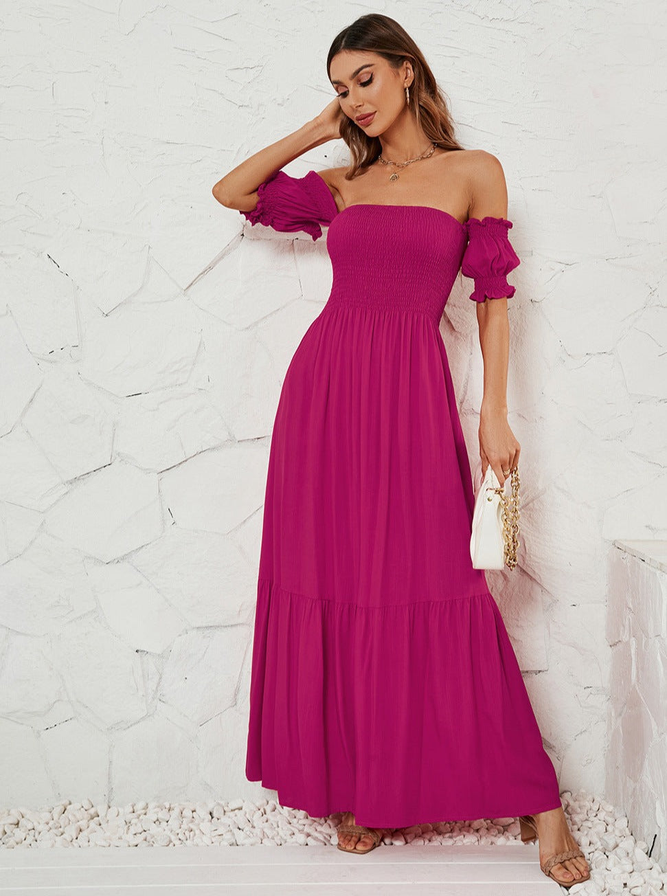 Off Shoulder Bell Sleeve Solid Color Maxi Dress