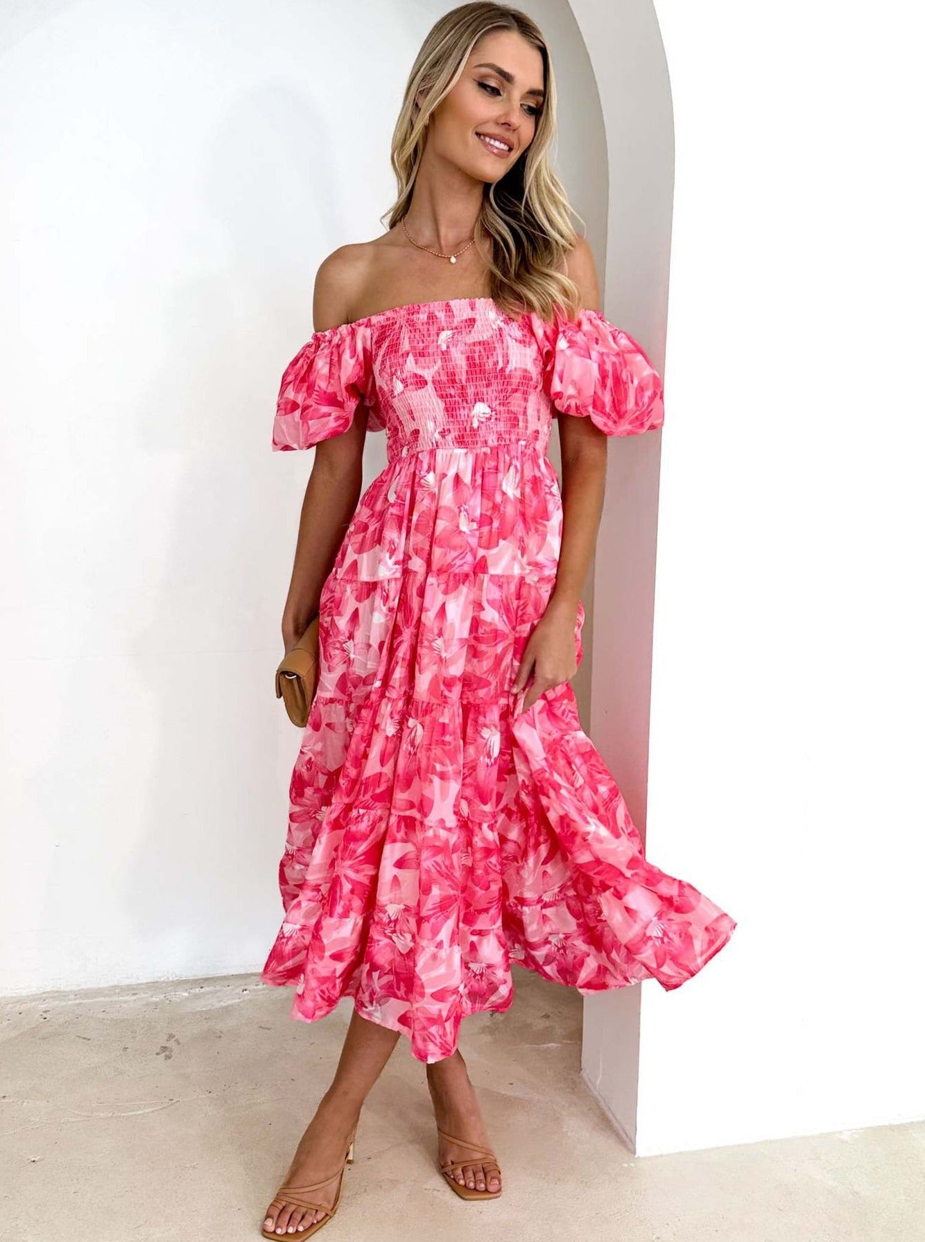 Pink Floral Smocked Square Neck Puff Sleeve Dress