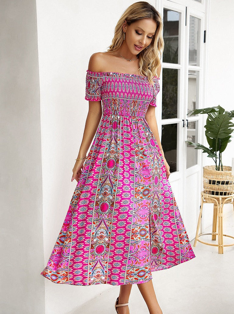 Pink Off Shoulder Bohemian Printed Dress