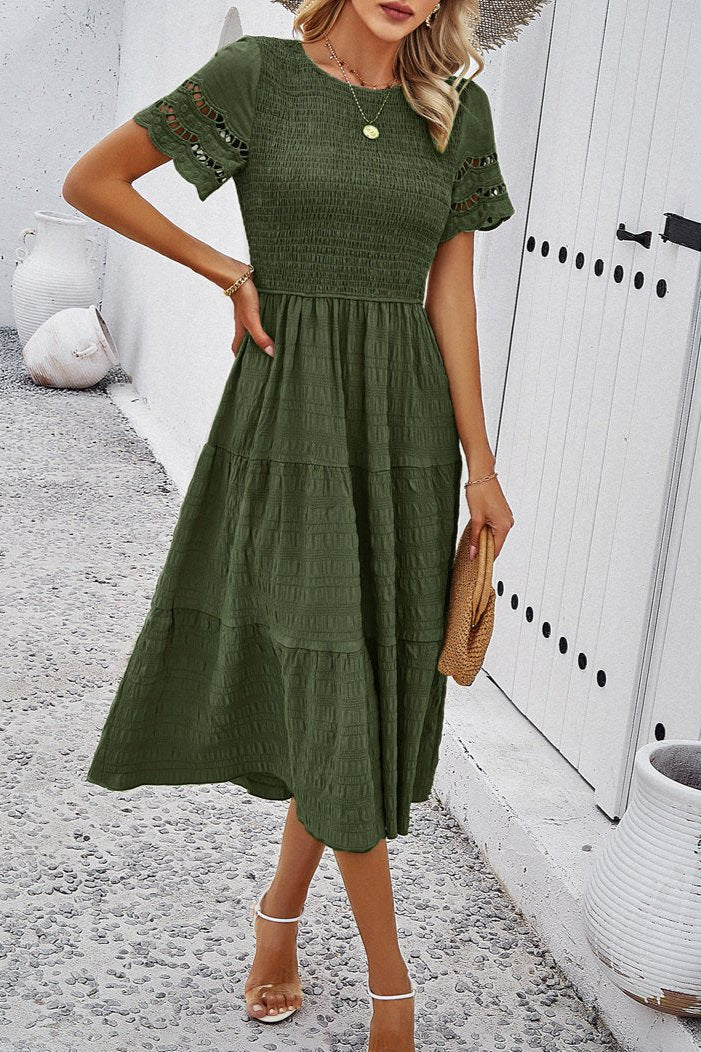 Casual Solid Crochet Lace Sleeve A-Line Midi Dress