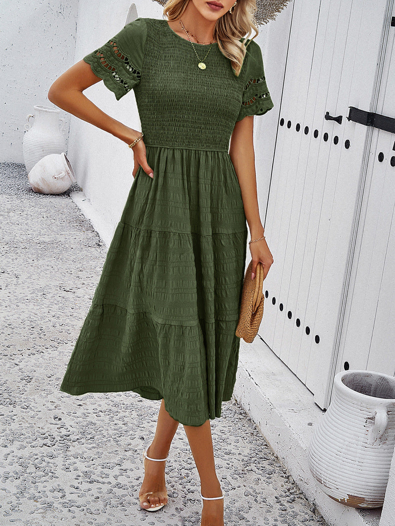 Dark Green Elegant Layered Hollow Dress