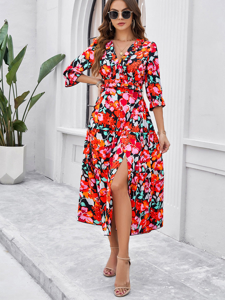 Red V-Neck Floral Printed Sundress