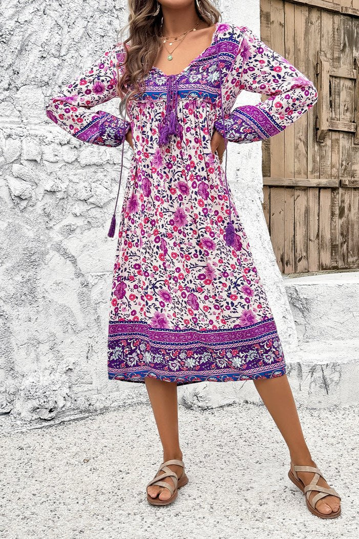 Boho Midikleid Langarm Ethno-Muster Blumenkleid - Lässiges Sommerkleid