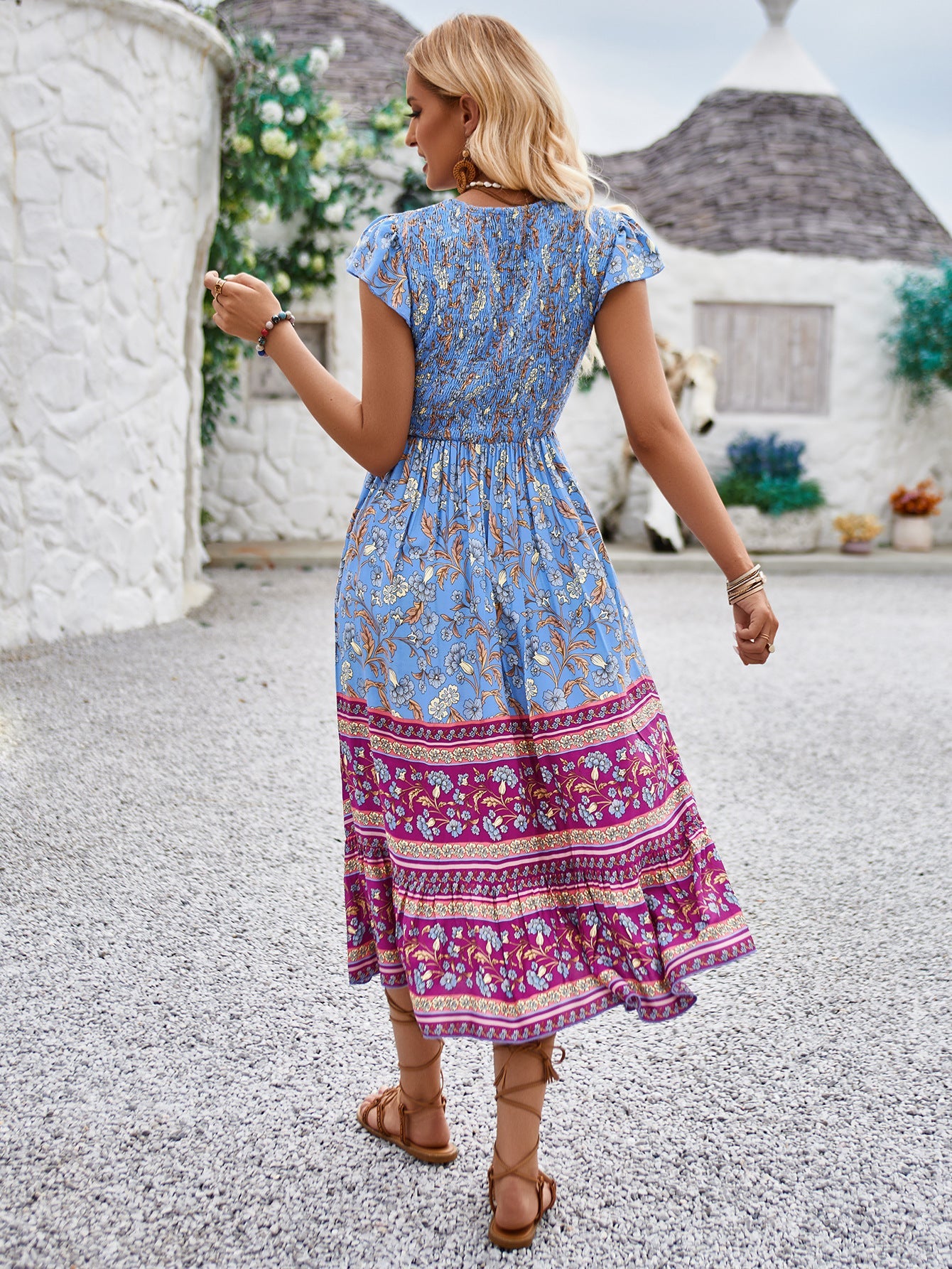 Casual Boho Floral Pleated High Waist Slim Dress