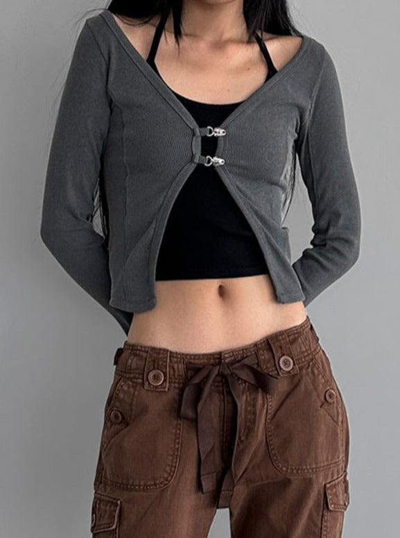 Long-Sleeve V-Neck Plain Buckle Top