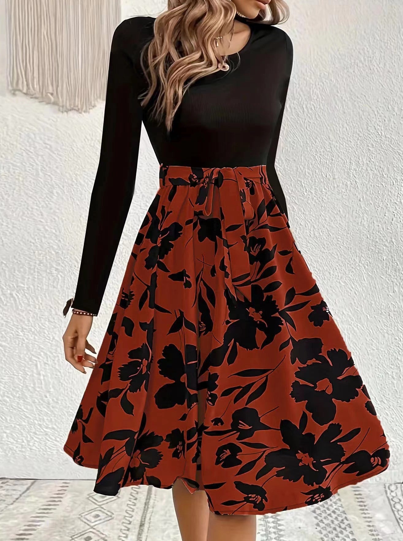 Elegant Printed High Waist Skirt and Long Sleeves set