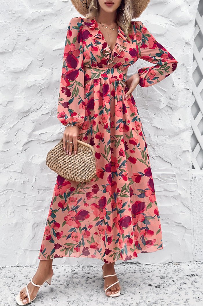 Long Sleeve Deep V-Neck Red Floral Maxi Dress