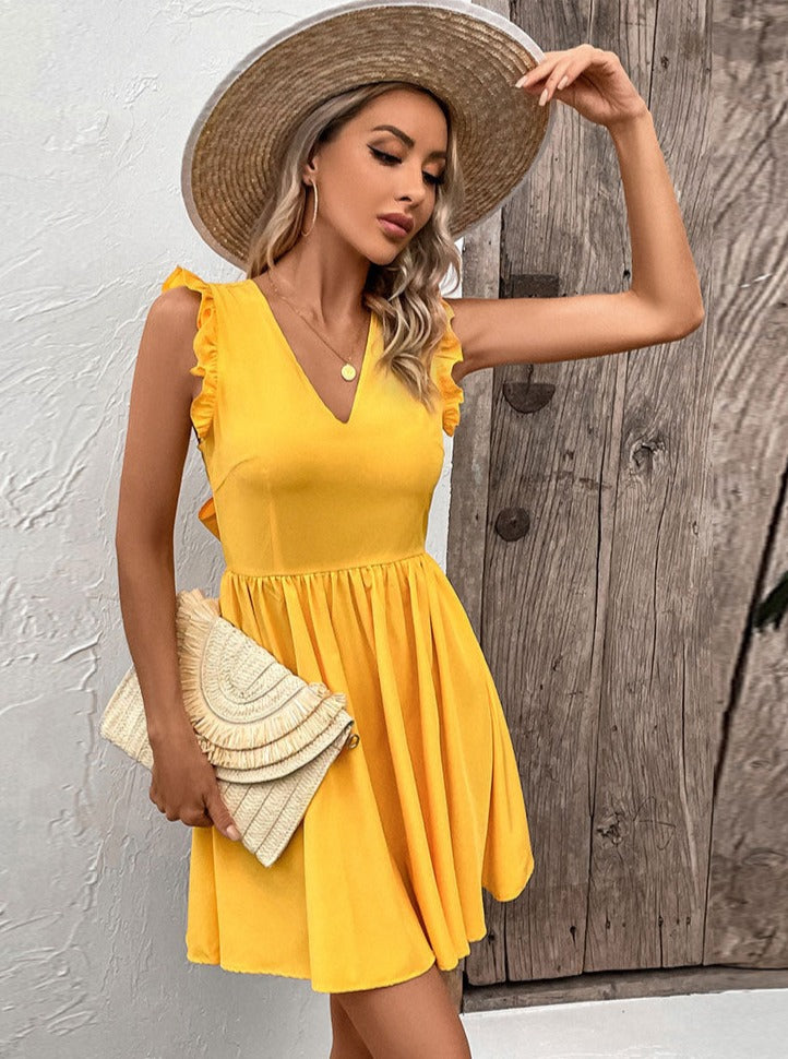 Deep V-Neck Tie Back Ruffled Summer Dress