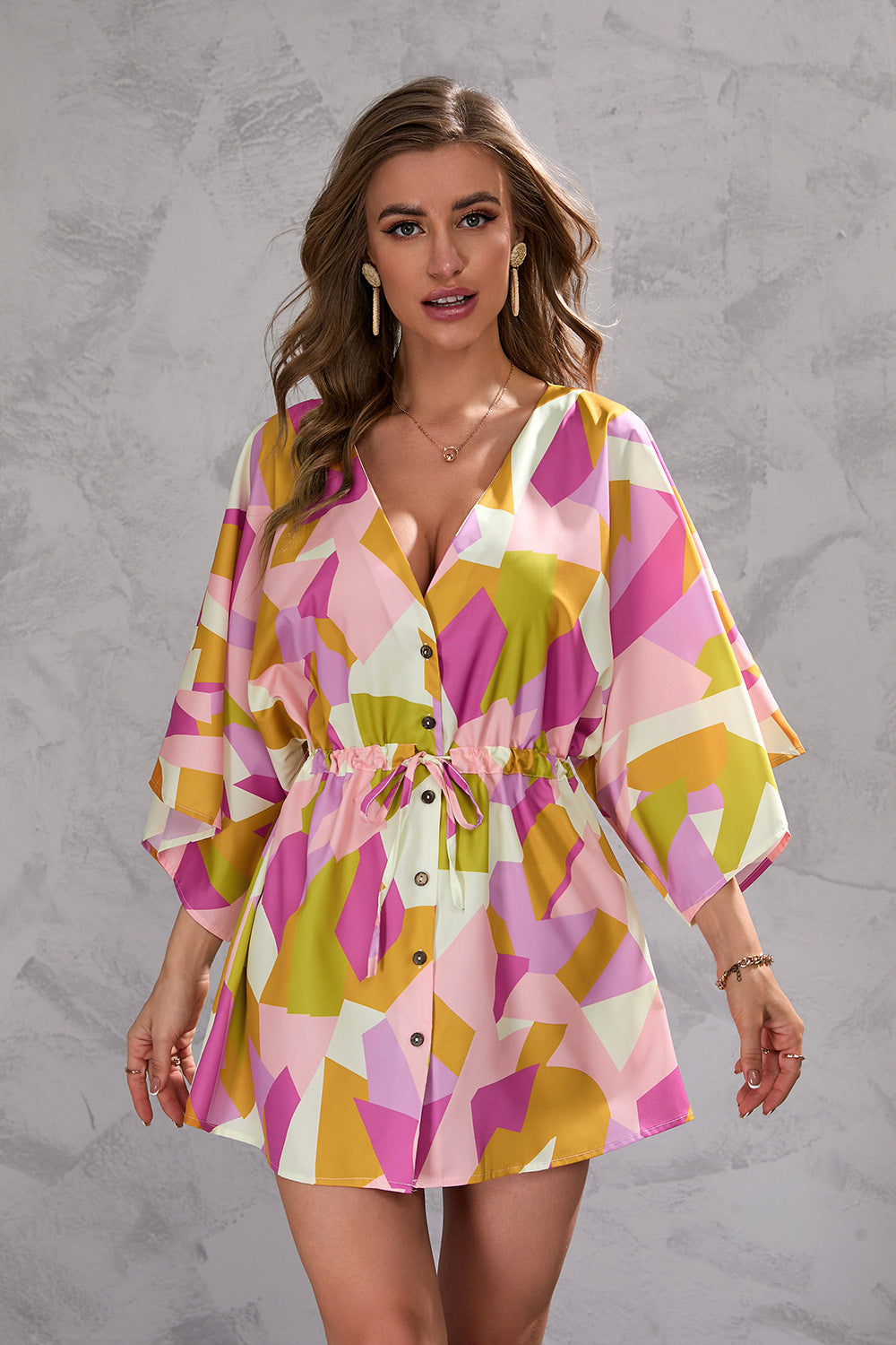 Tropical Pink Printed Half Sleeve Mini Dress