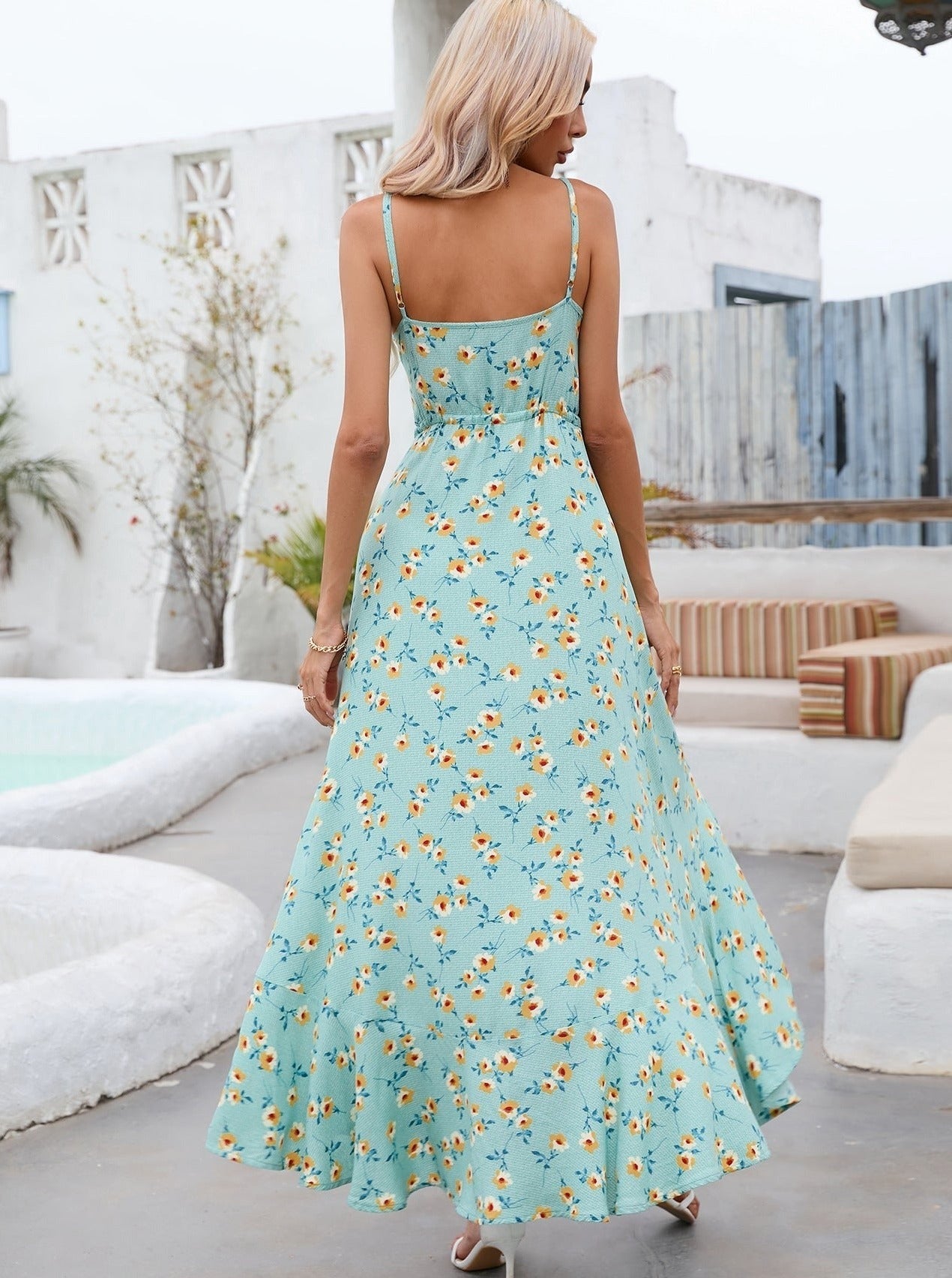 Teal Floral Asymmetrical Dress