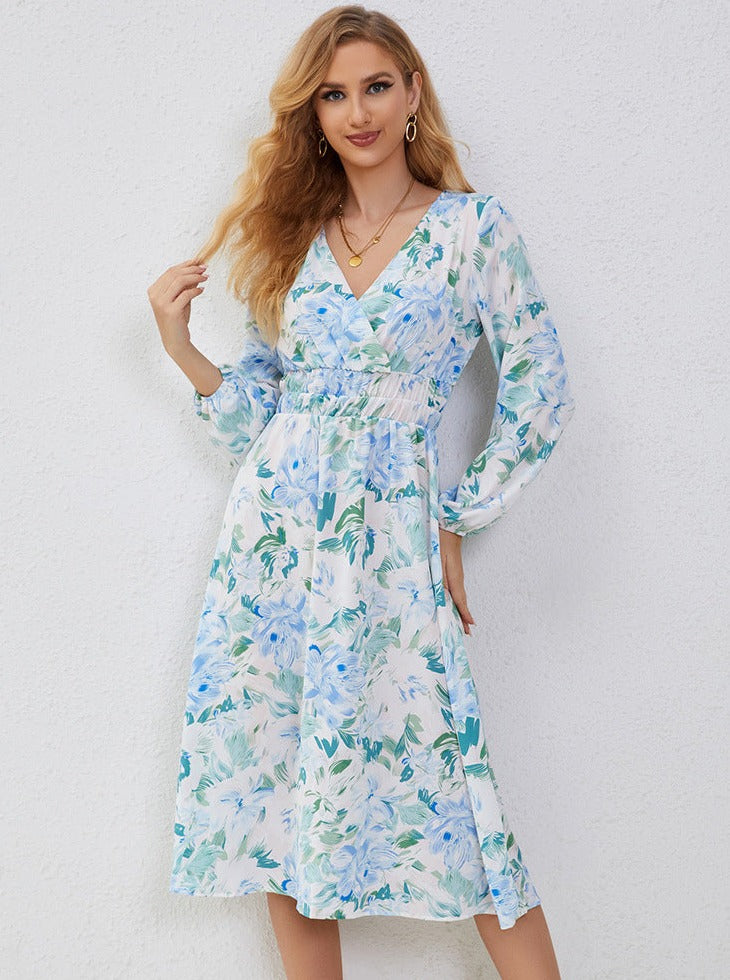 Floral Print Lantern Sleeve V-Neck Midi Dress