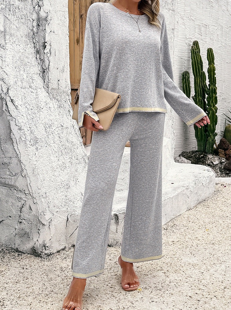 Two Piece  Long Sleeve Round Neck Top Pants Set